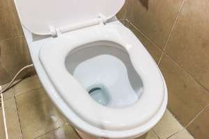 White toilet bowl in a bathroom setting, emphasizing plumbing maintenance and care for homeowners.
