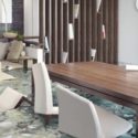 Modern wooden dining table and upholstered chairs reflecting light in a contemporary home service setting.