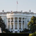 The White House with classical columns and American flag, surrounded by trees and fountains, symbolizing national identity.
