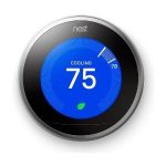 Smart thermostat display showing a temperature setting of 75 degrees Fahrenheit, emphasizing energy efficiency and programmable features for homeowners.