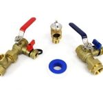 Brass plumbing valves and fittings, including shut-off valves, used in water heater maintenance and installation.