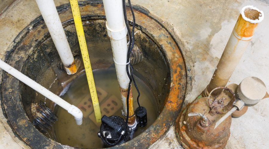 Sump pump installation in a sump pit with water, pipes, and measuring tape, emphasizing maintenance for flood protection in homes.