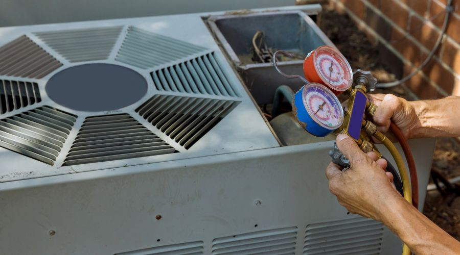 Hands holding pressure gauges on an air conditioning unit while servicing HVAC systems for home maintenance.