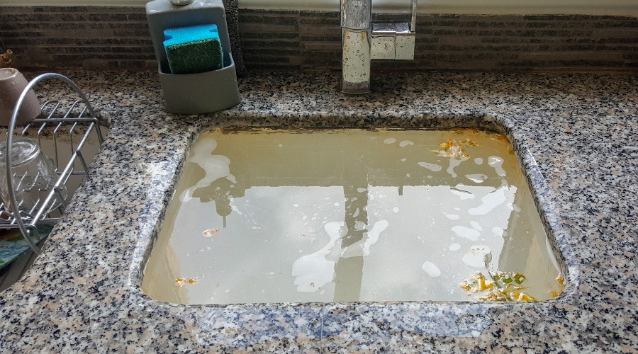 Clogged kitchen sink with standing water and debris, illustrating common causes of sewer line clogs and the importance of proper disposal habits.